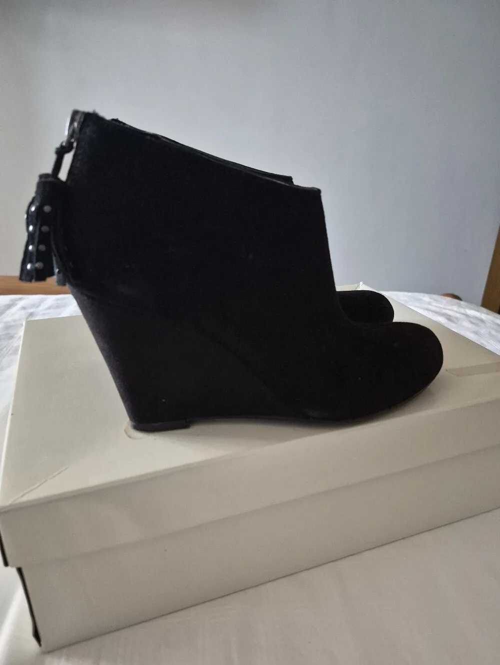 Anne Klein Black Suede Wedge Booties with Tassel Heel Zip